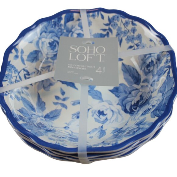 Soho Loft Blue White Rose Flower Set of 4 Melamine 7.25" Cereal Bowls NWT RARE - Picture 1 of 5